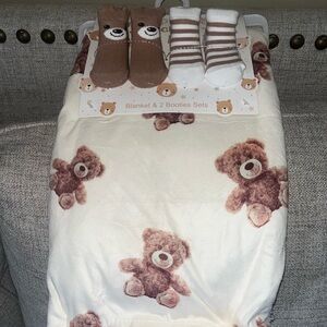Teddy Bear Blanket and Booties Set - Cream and Brown